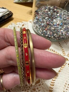 Set of Women's Gold and Red Decorative Bangle Bracelets
